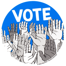 A circular sticker with a blue field, the word "VOTE" in large white letters, and a crowd of raised hands illustrated across the bottom.