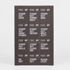 A sheet of dark postage-stamp-style designs arranged in a grid, each with white text reading variations of "STAMP OUT" and phrases including "HATE," "SUPREMACY," "BIAS," "HOMOPHOBIA," "SEXISM," "BRUTALITY," "WALLS," "CLASSISM," "RACISM," "BLACK LIVES," and "DO NOT," with small "BECAUSE IT MAKES 0¢" text on several stamps.