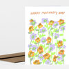 A folded greeting card with the text "HAPPY MOTHER'S DAY" above a pattern of hand-painted purple and orange flowers with bright green stems and leaves.