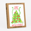 A kraft paper box set of six letterpress printed holiday cards with a hand-drawn green Christmas tree and the text "YAY FOR THE HOLIDAYS" on the front.