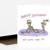 A folded birthday card with a skeleton illustration and the text "HAPPY BIRTHDAY" and "YOU STILL GOT IT" on the front.