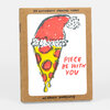 A kraft paper box set labeled "SIX LETTERPRESS PRINTED CARDS" and "w/ KRAFT ENVELOPES" with a Santa hat pizza slice illustration and the words "PIECE BE WITH YOU."