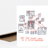 A folded birthday card with a hand-drawn network of clue boxes connected by red lines and the printed text "ALL THE CLUES POINT TO A KILLER BIRTHDAY" on the front.