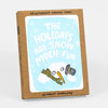 A kraft cardboard box set of six letterpress printed cards with kraft envelopes, showing a light blue card design that reads "THE HOLIDAYS ARE SNOW MUCH FUN" and includes a snowman face illustration.