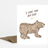A folded greeting card shows a brown illustrated capybara with the text "I LOVE YOU NO CAP" and a small heart above it.