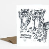 A folded greeting card shows a black-and-white illustration of two raccoons with raised paws and the text "PARTNERS IN CRIME."