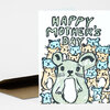 A greeting card with the text "HAPPY MOTHER'S DAY" above a crowd of colorful cartoon mice, centered on a large pale green mouse with a white belly.