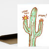 A greeting card with a hand-drawn green cactus and flowers and the text "LOVE YOU" and "mom!".