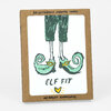 A kraft paper box set labeled "SIX LETTERPRESS PRINTED CARDS" and "ELF FIT" with an illustration of green elf shoes and "w/ KRAFT ENVELOPES" on the front.