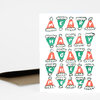 A greeting card with illustrated red and green holiday hats spelling out "MERRY HAPPY JOLLY CHEER PEACE" in white letters.