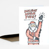 A folded holiday greeting card with a cartoon Santa raising one hand and the text "HOLIDAY HIGH FIVE! (DON'T LEAVE ME HANGIN')" on the front.