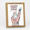 A kraft cardboard box set labeled "SIX LETTERPRESS PRINTED CARDS" and "w/ KRAFT ENVELOPES" with a Santa illustration and the text "HOLIDAY HIGH FIVE! (DON'T LEAVE ME HANGIN')" on the front.