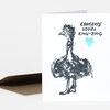 A folded greeting card with a black illustrated emu and the text "CONGRATS YOU'RE EMU-ZING" plus a small blue heart.