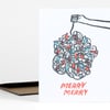 A holiday card with a hand holding up a tangled bundle of string lights and the text "MERRY MERRY" in red below.