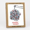 A kraft paper box set of printed holiday cards showing a tangled string of multicolored Christmas lights being held up by a hand, with the text "SIX LETTERPRESS PRINTED CARDS" and "MERRY MERRY" and "w/ KRAFT ENVELOPES".