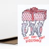 A holiday card with three illustrated mice holding up a large wrapped gift and the text "YAY! YAY! YAY! HOLIDAYS" in pink-red lettering.
