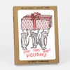 A boxed set of holiday greeting cards showing three mice carrying a large wrapped gift, with the text "SIX LETTERPRESS PRINTED CARDS" and "w/ KRAFT ENVELOPES" on the box and "YAY! YAY! YAY! HOLIDAYS" on the card image.